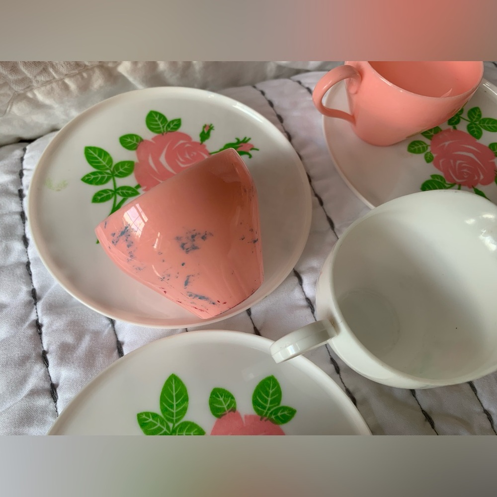 Vintage Mini Tea Cups Saucers Wine Water Goblet Pink Rose Orange Doll Drinks - Picture 4 of 7